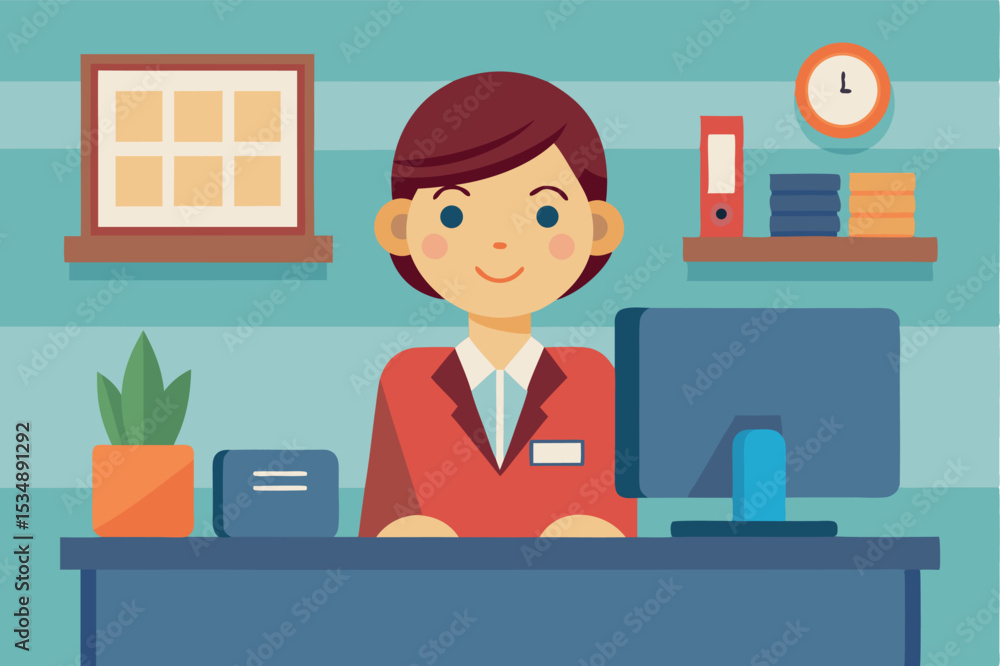 Friendly receptionist assisting customers at a reception desk in a modern office environment during daytime Friendly receptionist assisting customers at a reception desk in a modern office environment during daytime