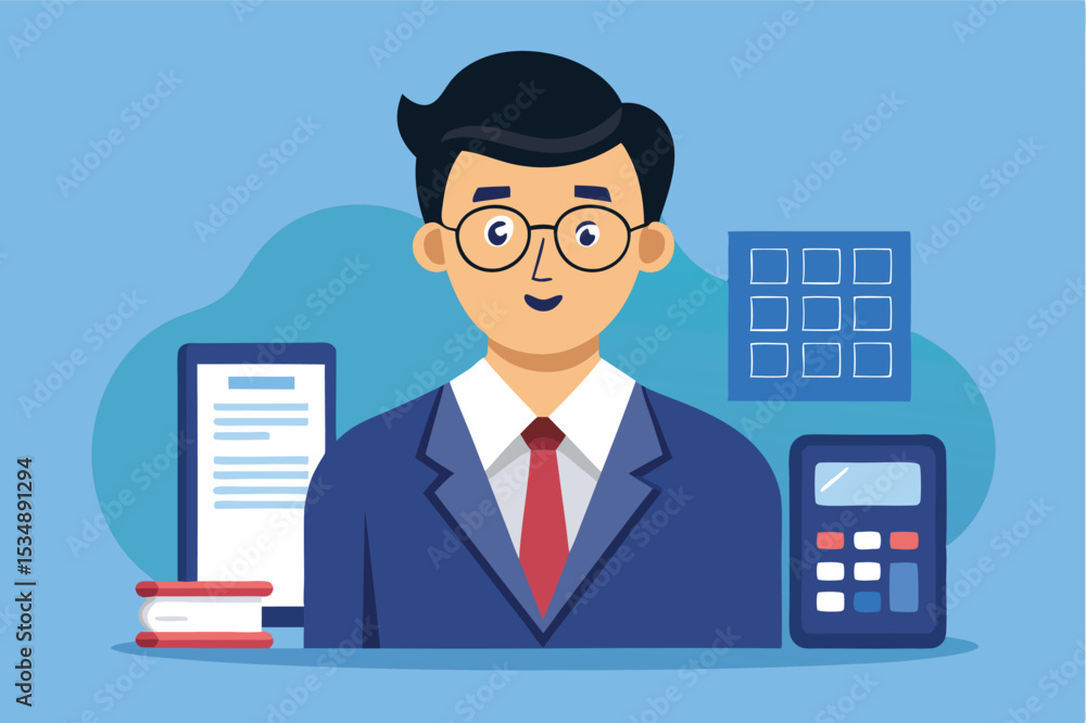Professional man with glasses engaged in accounting tasks in a modern office environment Professional man with glasses engaged in accounting tasks in a modern office environment