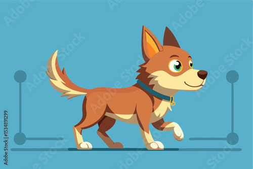 Cute cartoon dog walking happily across a blue background