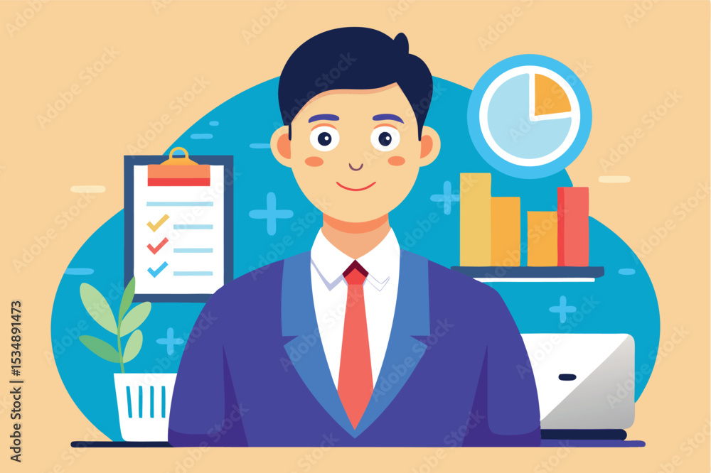 Professional man in suit with office background showcasing productivity tools and time management concepts Professional man in suit with office background showcasing productivity tools and time management concepts