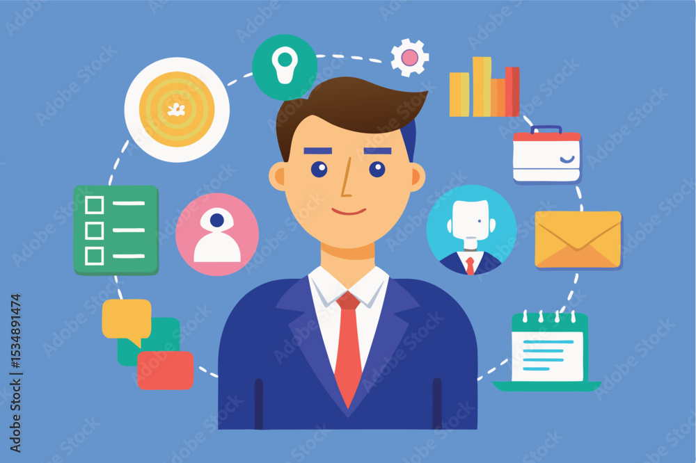 Professional man managing tasks and information in a colorful digital workspace Professional man managing tasks and information in a colorful digital workspace
