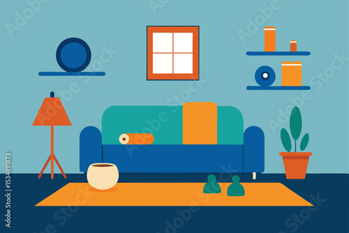 living room with yoga mat and exercise gear  .svg