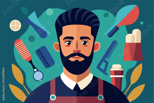 Creative barber portrait with tools and vibrant colors