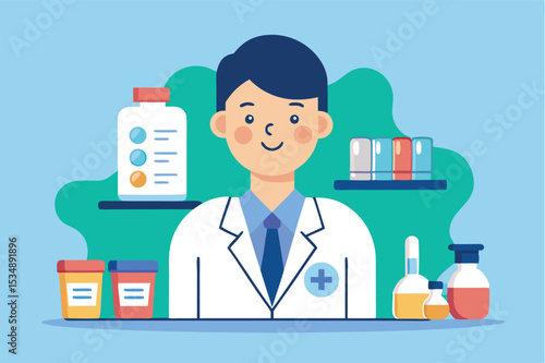Healthcare professional in a modern clinic setting with various medicines and supplies available for patient care