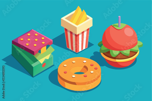 Colorful illustration of fast food favorites and snacks on a bright background for playful food depiction