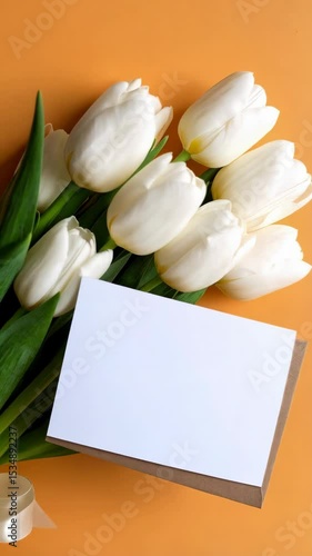 Wallpaper Mural Beautiful white tulips bouquet with green leaves and blank paper card on a warm orange background, celebration and gifting concept. Torontodigital.ca