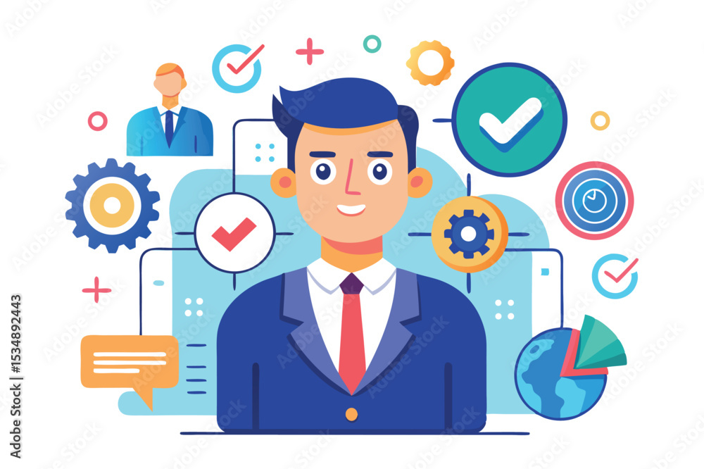 Business professional presents innovative ideas and strategies in an engaging, modern graphic setting Business professional presents innovative ideas and strategies in an engaging, modern graphic setting