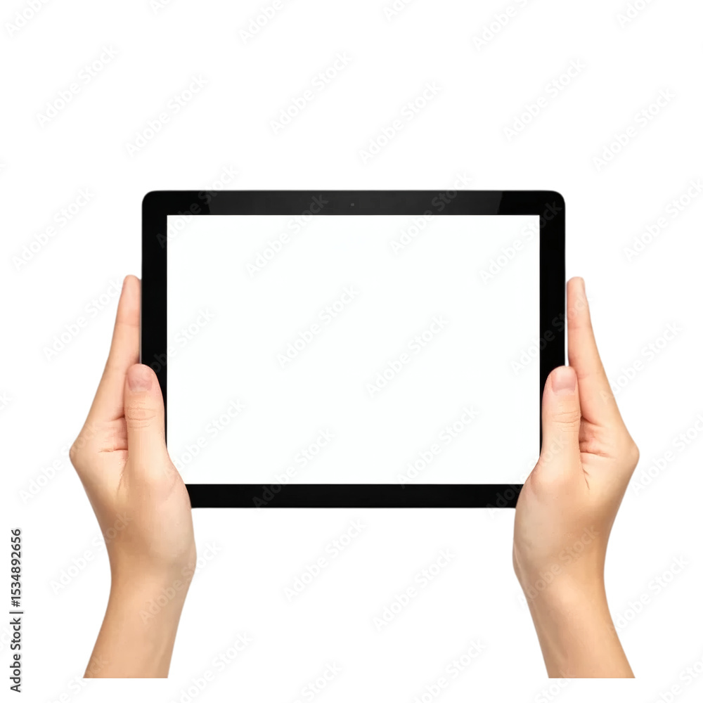 Hands holding a black tablet device with a white screen on transparent background Hands holding a black tablet device with a white screen on transparent background