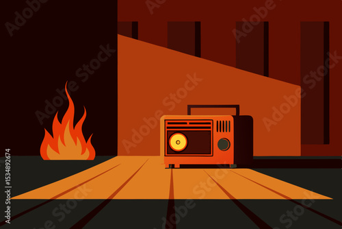 wooden floor and vintage radio in fire lit room  .svg