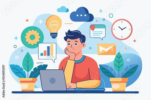 Young man working on a laptop surrounded by plants while brainstorming ideas at home office during daytime