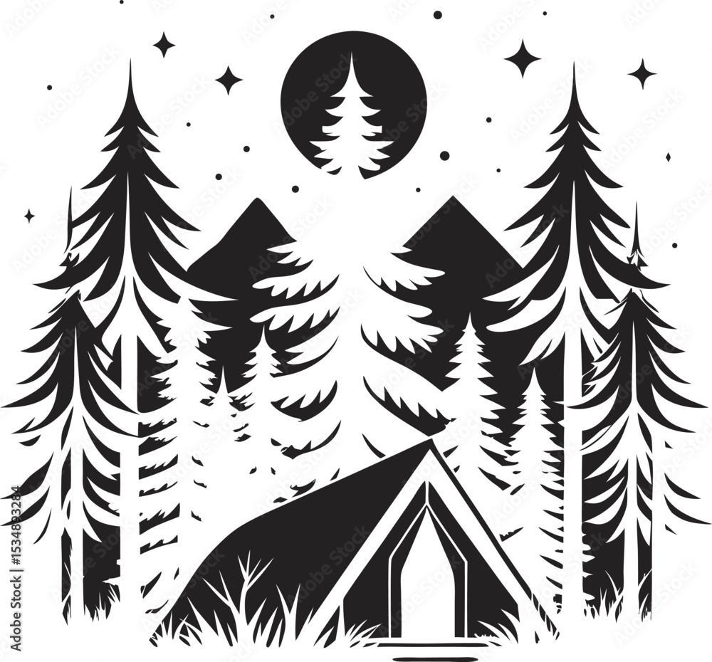 Obraz premium This collection of black and white images displays various illustrations of tents in different styles and settings, some under a starry sky or near trees.
