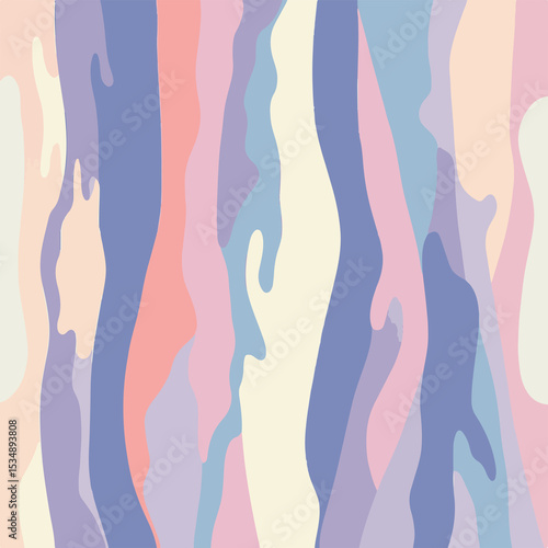 Soft pastel wavy abstract pattern with fluid shapes in pink, blue, and lavender. Seamless design perfect for backgrounds, textiles, and modern decor.