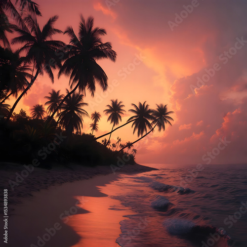 Serene Tropical Island Silhouette at Sunset: Vibrant Orange and Pink Sky Reflecting on Calm Ocean Waters with Palm Trees in the Foreground