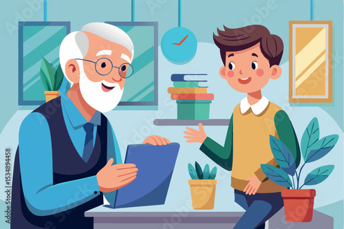 Grandfather shares wisdom with grandson in cozy study setting during afternoon