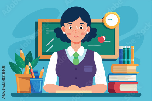 Animated schoolteacher in classroom with books and supplies