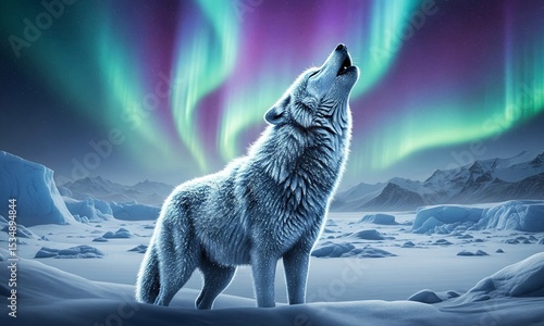 Wolf in northern lights background