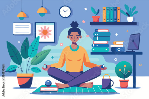 Person practicing mindfulness and meditation in bright home office during daytime