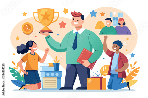 Celebration of achievement in an educational setting with a trophy and smiling students