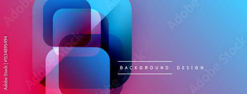 Abstract geometric shapes blend vibrant colors. Gradient transitions create modern visual effect. Design suitable for banners, backgrounds.