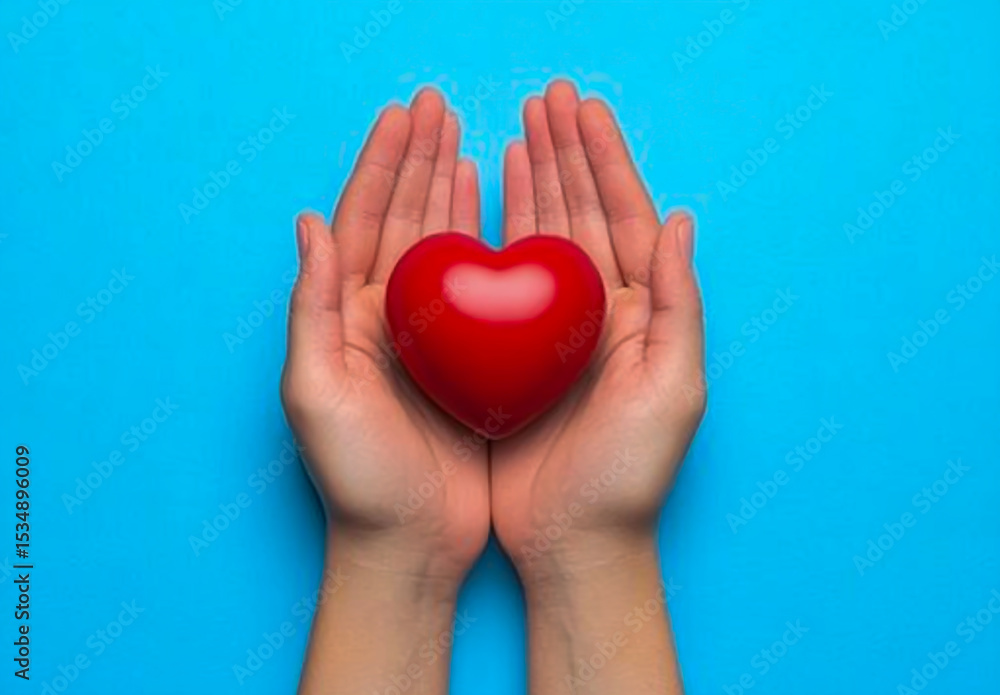 Fototapeta premium An image of a pair of hands gently holding a bright red heart on a soft light blue background, symbolizing love, care, healthcare, compassion, and community support,