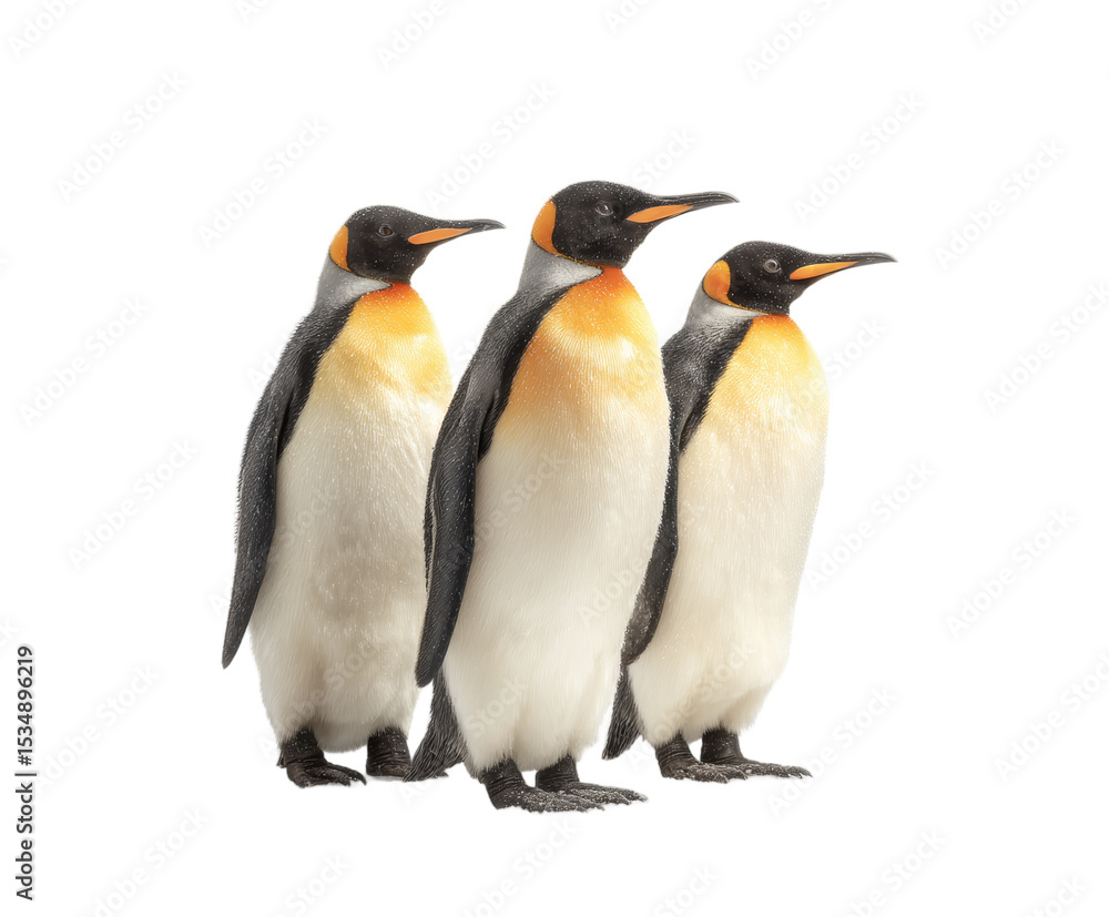 Fototapeta premium [Transparent Background PNG]Three King Penguins in a Row Against White Background