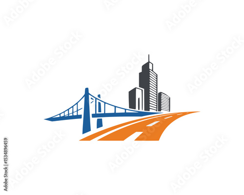 A modern logo combining city skyline, bridge, and road elements, ideal for construction, transportation, or urban development branding.