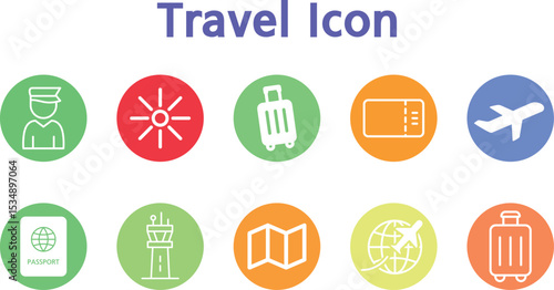 Colorful Round Travel Icon Set in Modern Style