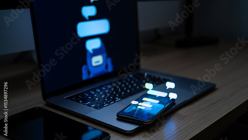 Laptop and smartphone displaying digital chat bubbles at night