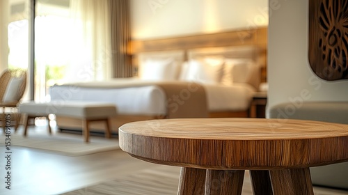 Wooden table foreground with elegant blurred bedroom for product showcase
