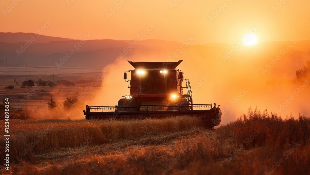 Fototapeta premium Combine Harvester Harvesting Golden Wheat Field at Sunset