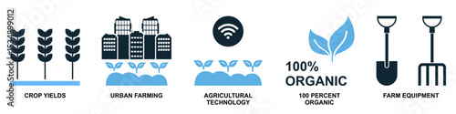 Set agriculture farming icon vector for various aspects of cultivation, livestock, and rural life. Ideal for agricultural businesses, food production, and sustainable development themes.