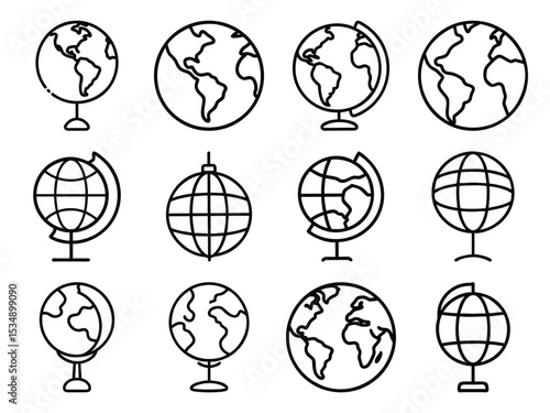 Collection Globe Icons in Silhouette Style on White Background – Minimalist Outline World Map and Earth Symbols for Education, Travel, and Geography

