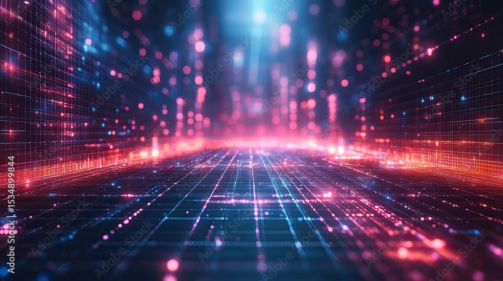 Fototapeta premium Abstract grid floor render with 3D perspective, tech background, and futuristic virtual environment layout