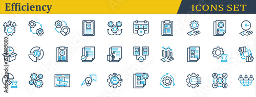Efficiency Icon Set. Containing Delivery Time,Mechanism,Multitasking,Outsourcing,Planning,Priority,Resources Management,Schedule,Sop,Streamline,Utilization. Outline Color Style