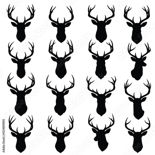 Deer head silhouette collection with antlers vector illustration
