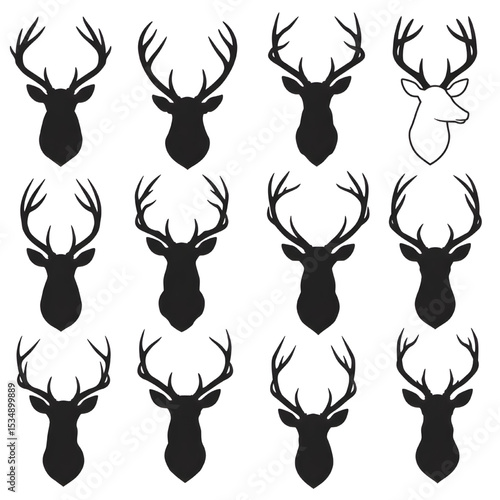 Deer head silhouettes with antlers set vector illustration