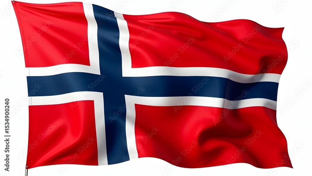 Fototapeta premium Photorealistic image of the flag of Norway with a red field and a dark blue cross outlined in white, isolated on a white background with realistic fabric texture and folds.
