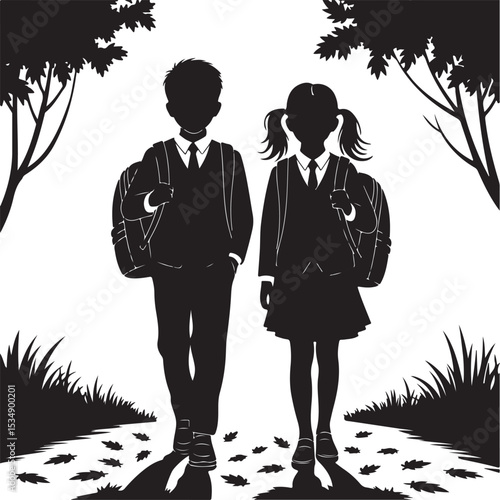 School Kids Walking Illustration Boy and Girl with Backpacks Silhouette Art