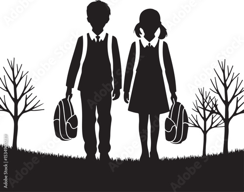 School Kids Walking Illustration Boy and Girl with Backpacks Silhouette Art