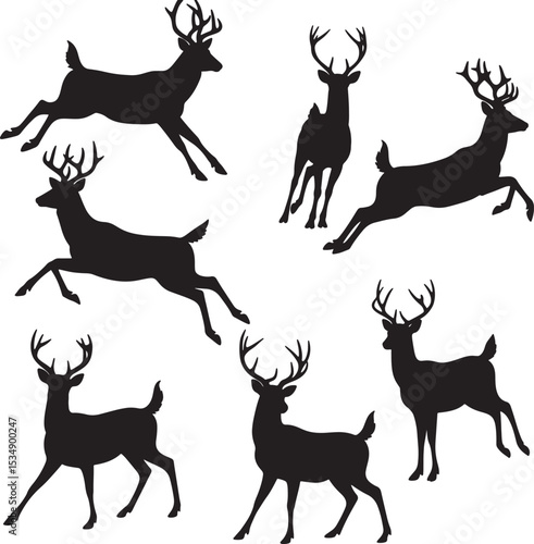 Eight deer buck silhouettes in various running and standing poses with antlers vector set