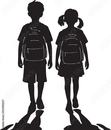 School Kids Walking Illustration Boy and Girl with Backpacks Silhouette Art