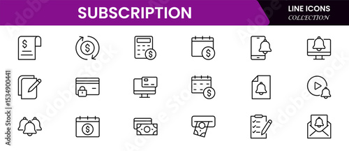 Modern vector web line icons depicting subscription services, recurring payments, memberships, streaming, and digital access for seamless user experiences.