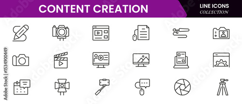 Vibrant vector web line icons showcasing content creation, writing, video, photography, and digital storytelling tools for engaging audiences.