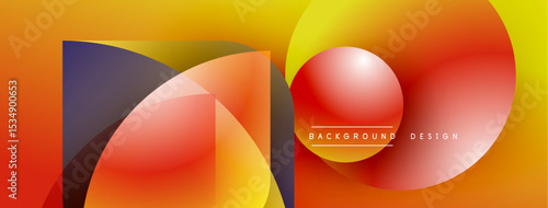 Abstract shapes overlap, creating vibrant gradients. Yellows, oranges, reds dominate design. Modern aesthetic, clean lines present dynamic composition.