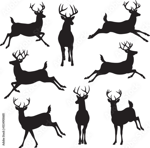 Eight distinct deer buck silhouettes in various natural poses with impressive antlers vector set