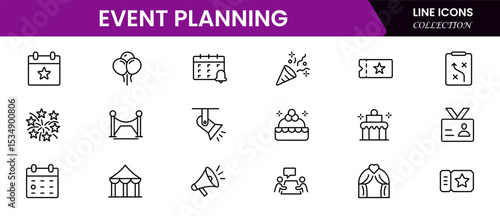 Organized vector web line icons depicting event planning, schedules, decorations, invitations, and seamless coordination for memorable occasions.