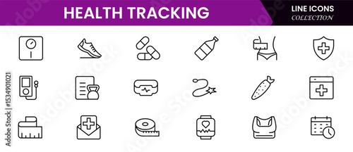 Sleek vector web line icons depicting health tracking, fitness apps, wearables, wellness metrics, and digital health monitoring solutions.