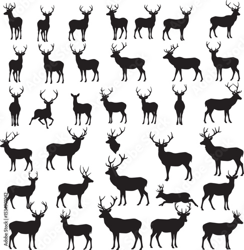 Fifty six different deer buck silhouettes in various natural poses with impressive antlers vector set