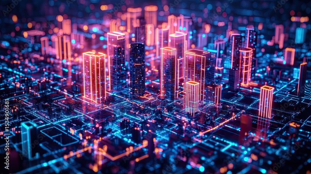 AI-powered urban planning interface showing glowing blueprint overlays on a digital city map AI-powered urban planning interface showing glowing blueprint overlays on a digital city map
