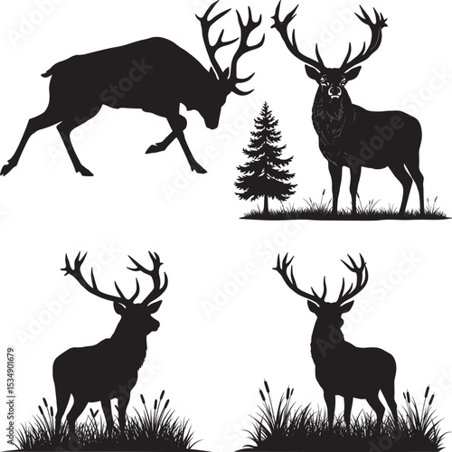 Four deer buck silhouettes with natural elements including pine trees and grass vector set